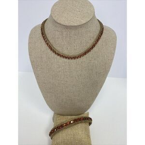 Weiss Gold Tone Mesh Amber Orange Rhinestone Necklace & Bracelet Set Vintage